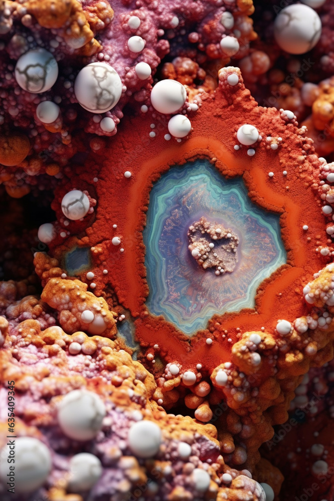 Poster A close-up of a geode, highlighting the vibrant crystals and intricate formations within.  Generative AI technology.