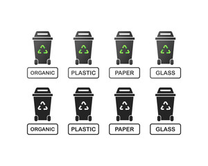 Urns for various garbage. Different styles, bio urns, urns for organic, plastic, paper and glass. Vector icons