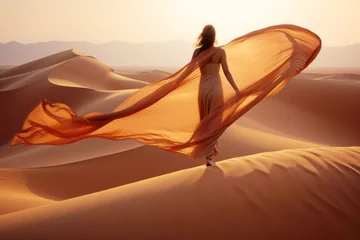 Fotobehang Woman in a long dress walking in the desert with flowing fabric in the wind © Jasmina