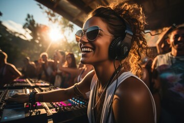 Dancing at an energetic pool party with DJs and lights  - stock photo concepts