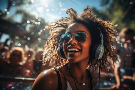 Dancing at an energetic pool party with DJs and lights  - stock photo concepts