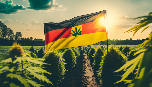 Cannabis Legalisierung Deutschland Politik deutsche Flagge mit Pflanzen auf einem Feld Generative AI 