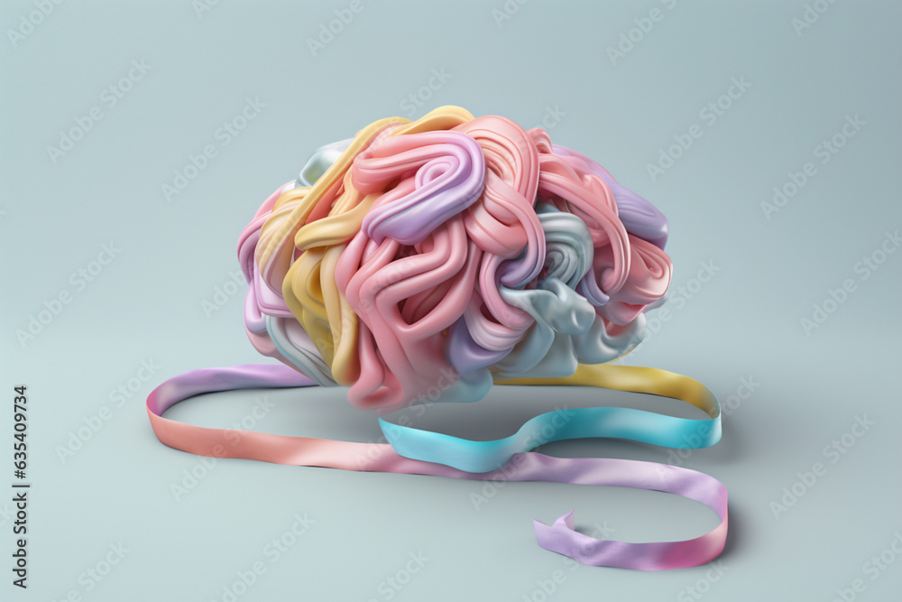 Poster a pastel brain with flowing ribbons and ribbons, representing the interconnectedness of thoughts and