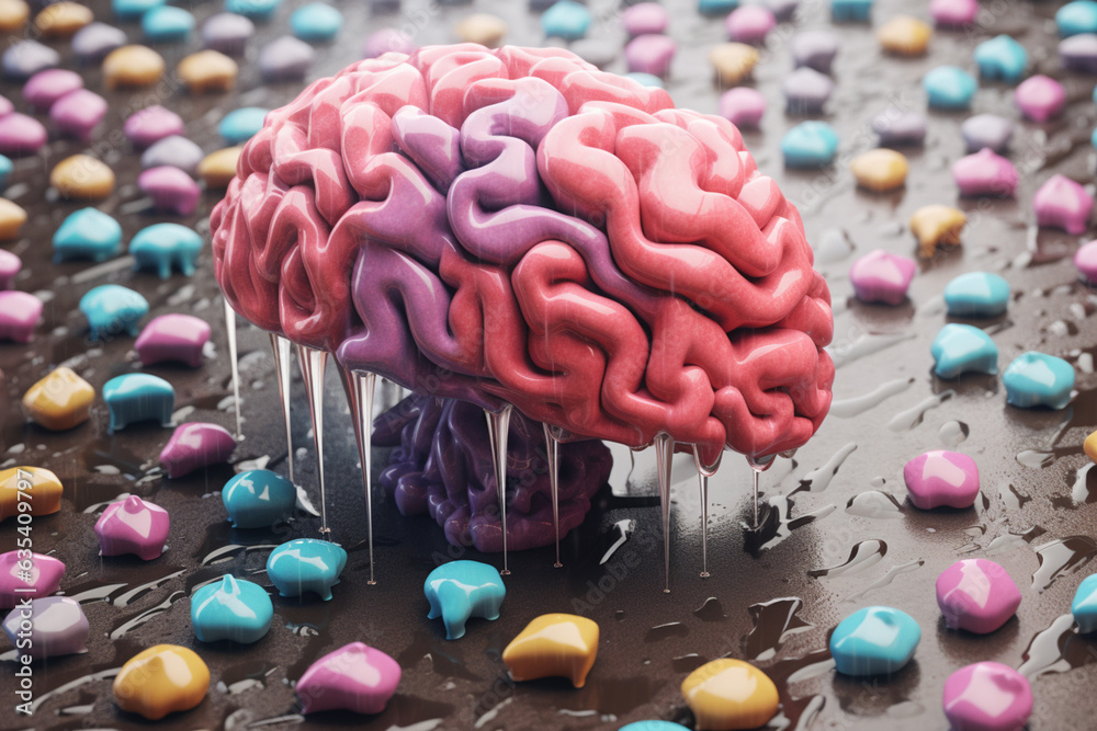 Leinwandbilder A pastel brain surrounded by softly falling raindrops and umbrellas, symbolizing introspection and contemplation. Generative AI technology.