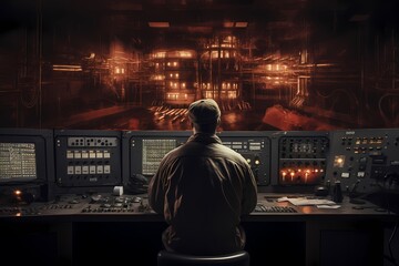 Man in the control room of a nuclear power plant at night