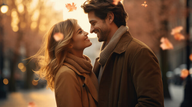 romantic scene of couple of young man and woman smiling together in autumn