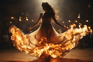 Energetic Fire Dance Fire dancer twirling flames - stock photo concepts