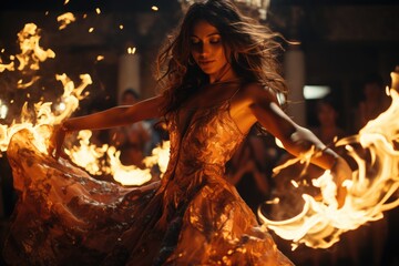 Energetic Fire Dance Fire dancer twirling flames - stock photo concepts