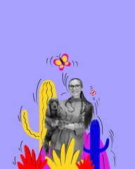 Smiling woman with dog working as vet. Gender equality in profession choice. Contemporary art collage. Concept of women's equality day, feminism, social issues, gender, acceptance. Banner, flyer, ad