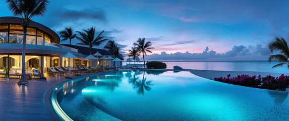 Tuinposter Luxurious tropical resort pool in the night. Generative AI © Denniro