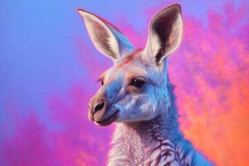 A pastel-colored Kangaroo with a majestic mane, rendered in soft hues of pink, purple, and blue, exuding a serene and regal presence. Generative AI technology.