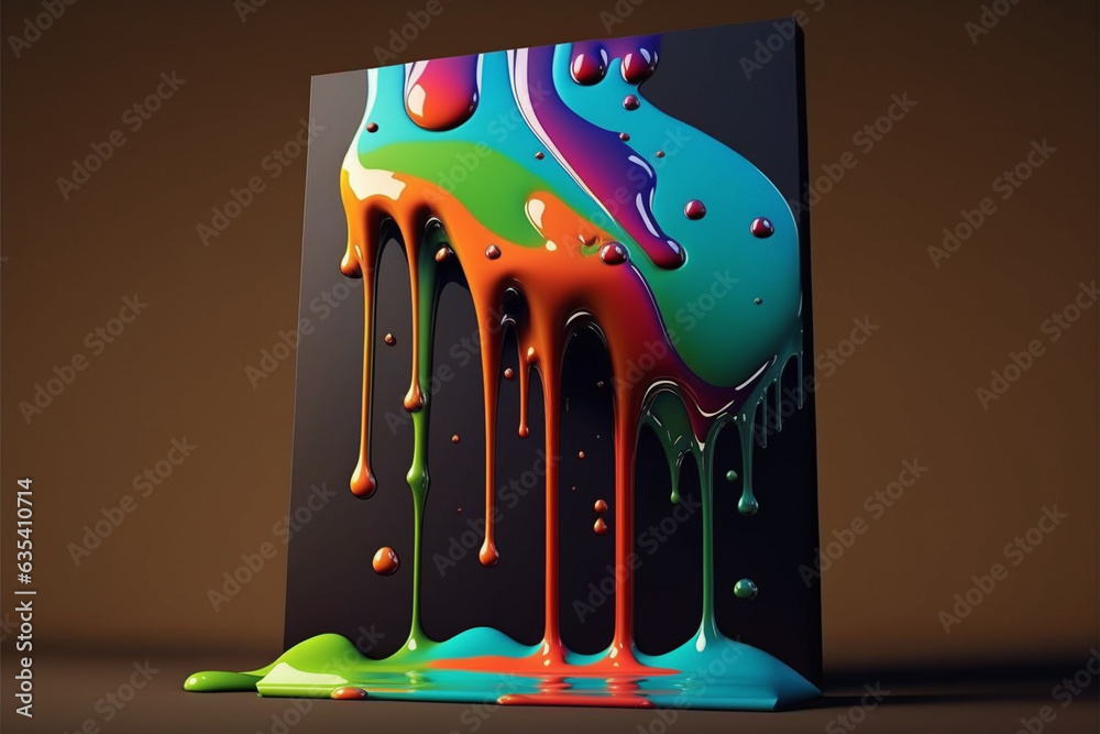 Poster a canvas with colorful paint dripping from the top, creating a visually striking and abstract compos