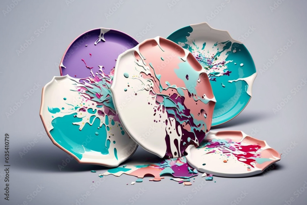 Poster A set of ceramic plates with intricate patterns and colorful paint dripping down their edges, merging functionality with artistic expression.  Generative AI technology.