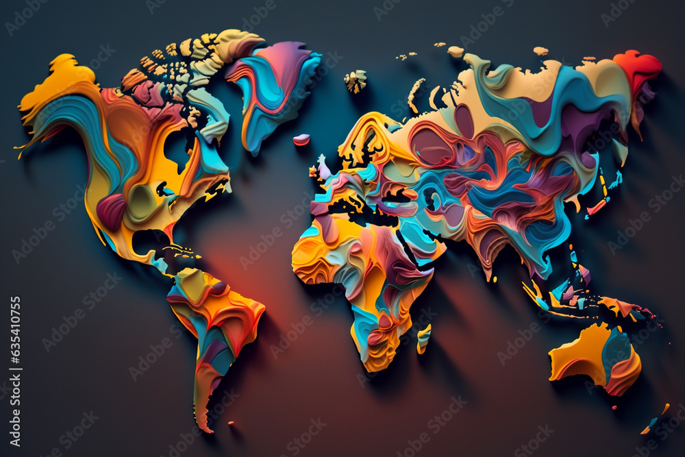 Poster an abstract world map composed of vibrant, swirling colors, representing the diversity and interconn