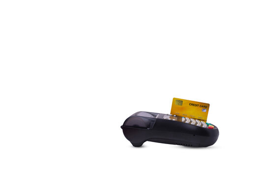 credit card and card reader machine,isolate on white background, copy space for text.