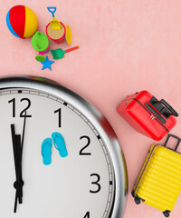Last minute holiday booking concept with a large clock and suitcase and flip-flops around the clock hands 3d render