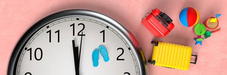 Last minute holiday booking concept with a large clock and suitcase and flip-flops around the clock hands 3d render