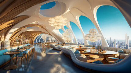 Futuristic Restaurant Inside The Floating Resorts Above The Sea. Futuristic Dining in Elevated Style. Generative AI