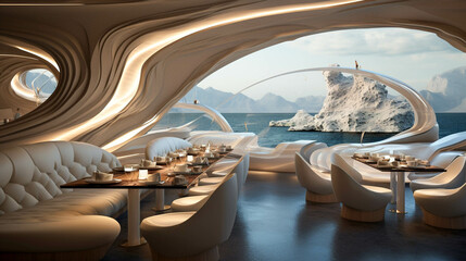 Futuristic Restaurant in Elevated Seaside Resorts. Luxury Dining Above The Sea. Generative AI