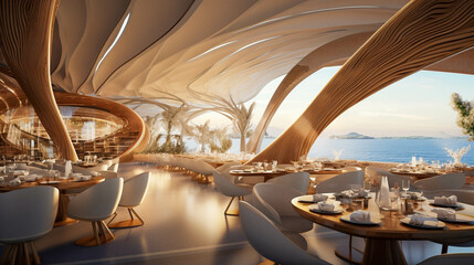 Futuristic Seaside Restaurant. Luxury Restaurant Above The Sea. Generative AI
