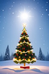 Christmas tree decorated with Christmas balls, lights, garlands and sweets in winter.
