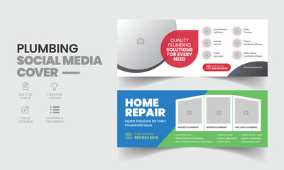 Plumbing service social media cover template with professional handyman home repair web banner design layout