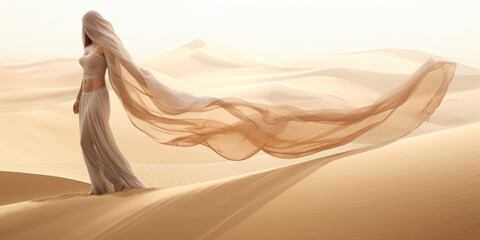 Woman in a long dress walking in the desert with flowing fabric in the wind