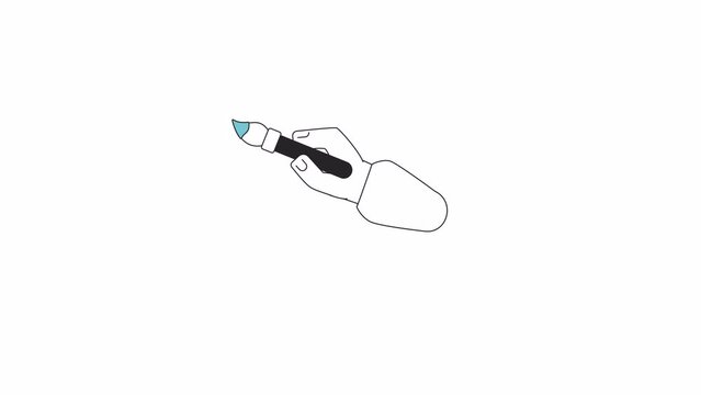 Painting paintbrush bw 2D character hand animation. Drawing pictures artist process outline cartoon 4K video, alpha channel. Paint brush stroke animated person body part isolated on white background