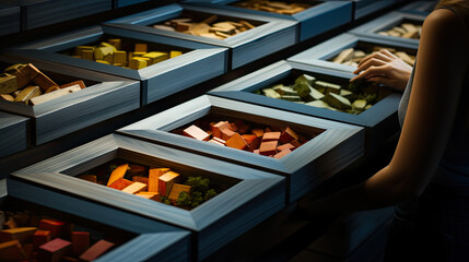 Woman in a futuristic grocery shop with colorful cube food in squared baskets. Generative ai