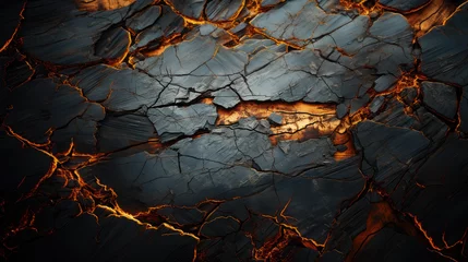 Foto auf Alu-Dibond Cracked ground with wooden-textured illuminated with lava-like light from beneath the cracks. Sense of danger and urgency. Generative ai © Emanuel
