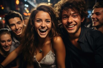 Obraz premium Posing with a group of friends in a lively nightclub - stock photo concepts