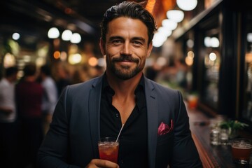 Posing with a vibrant cocktail in hand at a stylish bar - stock photo concepts