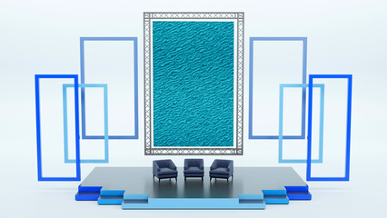 3d rendering of stage design with blank frames, modern armchair, interview, all event and presentation