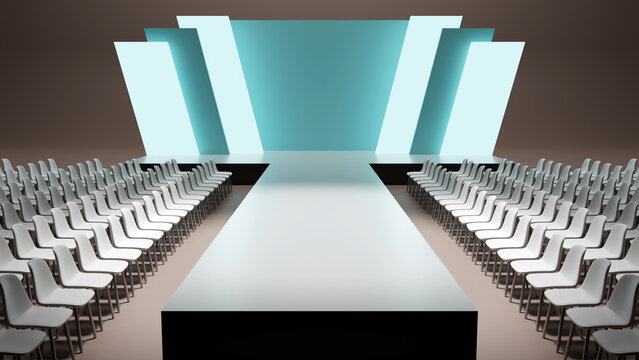 3d rendering of catwalk fashion empty runway with modern pattern backdrop, Event and fashion show concept