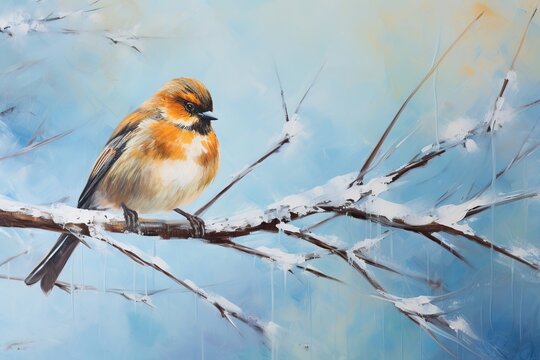 A bird sits on a snowy tree branch at winter, acrylic painting.