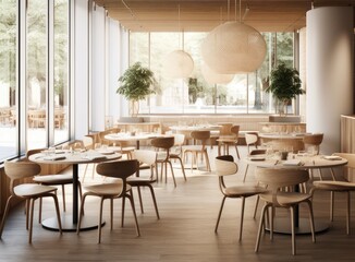 Restaurant in a modern style with textured walls and a parquet. There are gray sofas with tables, decorative wooden poles with birds, bar, plants. Created with Generative AI technology.