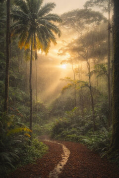 Beautiful image of rain forest in Costa Rica, oil technique drawing, romantic painting, calm, precious, autumn weather with a sunset. Image created using artificial intelligence.