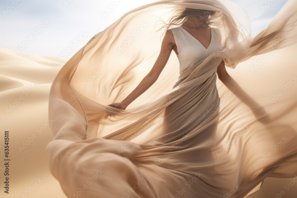 Canvas Prints Woman in a long dress walking in the desert with flowing fabric in the wind