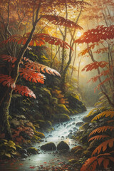 Fototapeta na wymiar Beautiful image of rain forest in Costa Rica, oil technique drawing, romantic painting, calm, precious, autumn weather with a sunset. Image created using artificial intelligence.