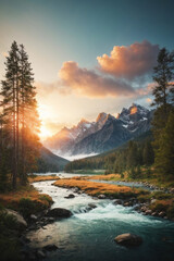 Fototapeta na wymiar highly detailed nature vector illustration, sunset, mountain, river, wave, pine trees. Image created using artificial intelligence.