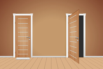 Open and closed white entrance realistic door isolated on Brown background