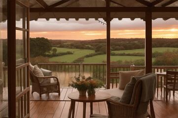 watching a rainy sunset stormy moor from a country house verandah 1940s, autumnal colour. Image created using artificial intelligence.