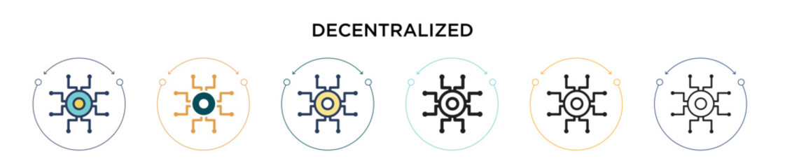 Decentralized icon in filled, thin line, outline and stroke style. Vector illustration of two colored and black decentralized vector icons designs can be used for mobile, ui, web