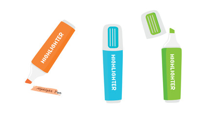 Highlight pen vector set. Highlighter or marker clip art. Back to school concept. Stationery, office supplies or school supplies vector. Flat vector in cartoon style isolated on white background.