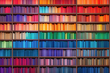 A bookshelf lined with colorful books is an abstract design image in which rainbow-colored books are lined up on a huge bookshelf, a concept suitable for advertising.