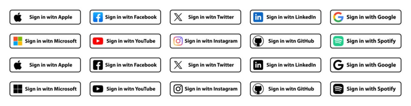  Set Buttons Sign in with Google, Facebook, Apple,Twitter,Microsoft,GitHub.Authenticate User Login with.Set of Authorization buttons.Social Media-Linked Website Registration 