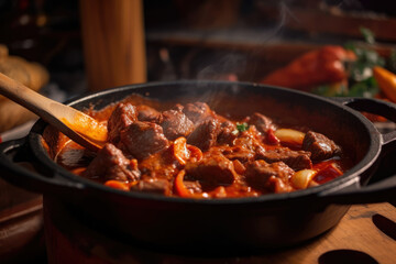 Sizzling hot pot of goulash with beef and vegetables, perfectly seasoned with aromatic spices, captures a mouthwatering close-up in this delicious and comforting homemade stew.