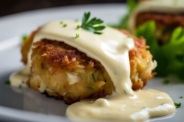 Crab cakes with chunks of succulent crab meat, spices, and creamy aioli sauce – a mouth-watering, homemade delicacy for seafood lovers.