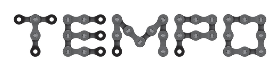 Vector text TEMPO created from realistic bike chain. Isolated on white background.