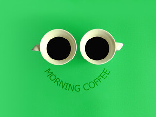Creative layout made of two white coffee cups and MORNING COFFEE message against gradient green background. Flat lay, copy space. Before and after coffee. Morning motivation, first coffee.